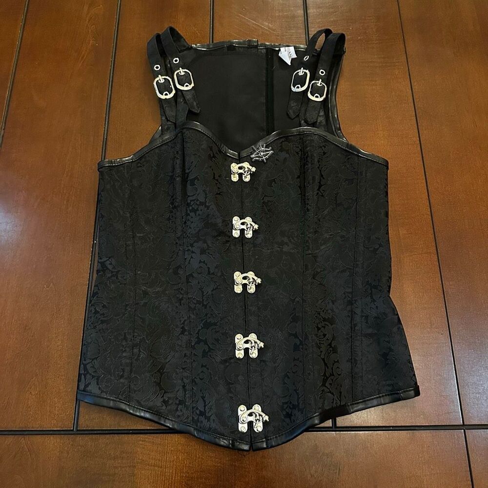 black jacquard faux-leather gothic overbust corset top xl